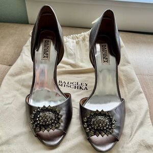Badgley Mischka Vintage Embellished Open-Toe Heels - Dark Silver- (pewter?)